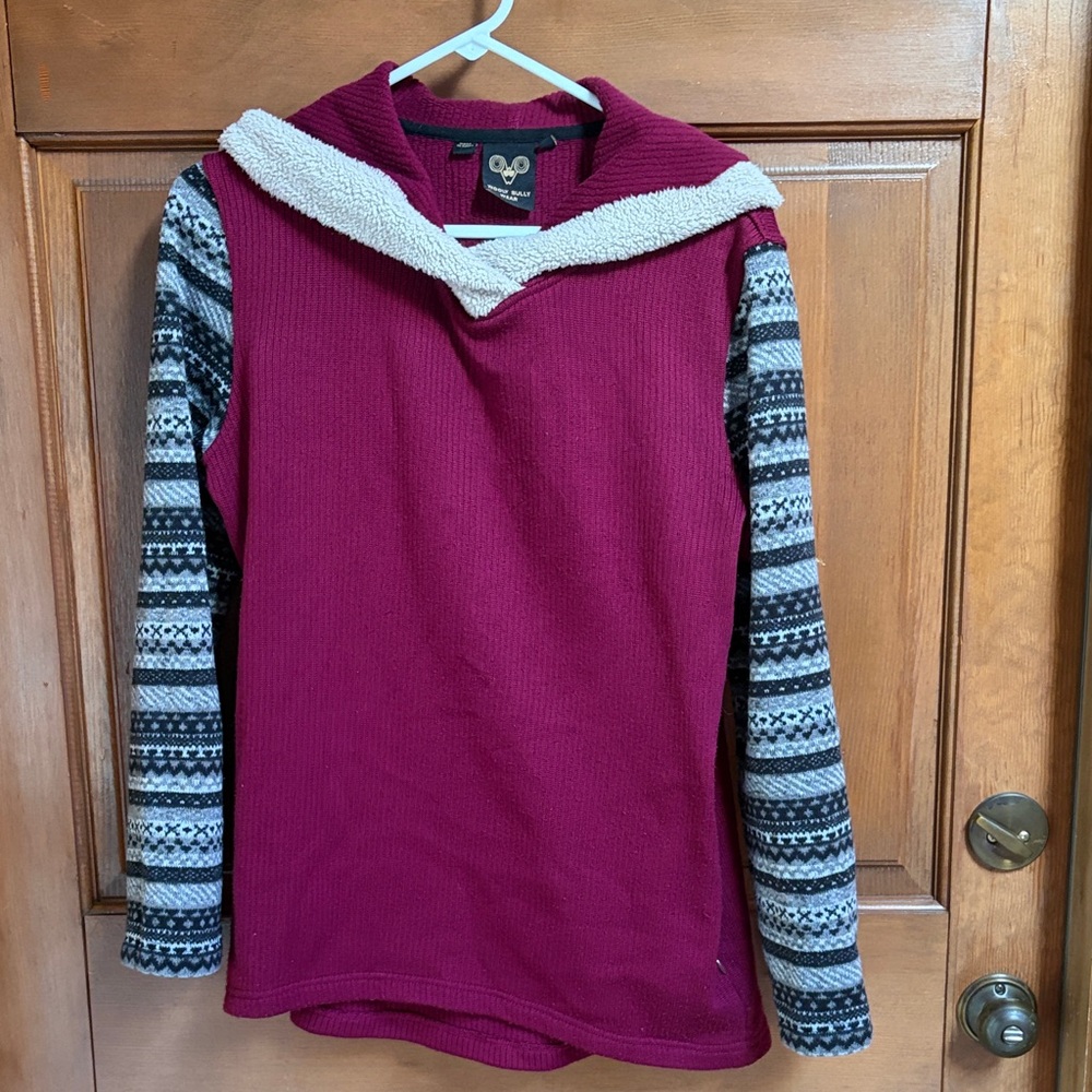 Burgundy Hooded Sweater with Patterned Sleeves Size Large